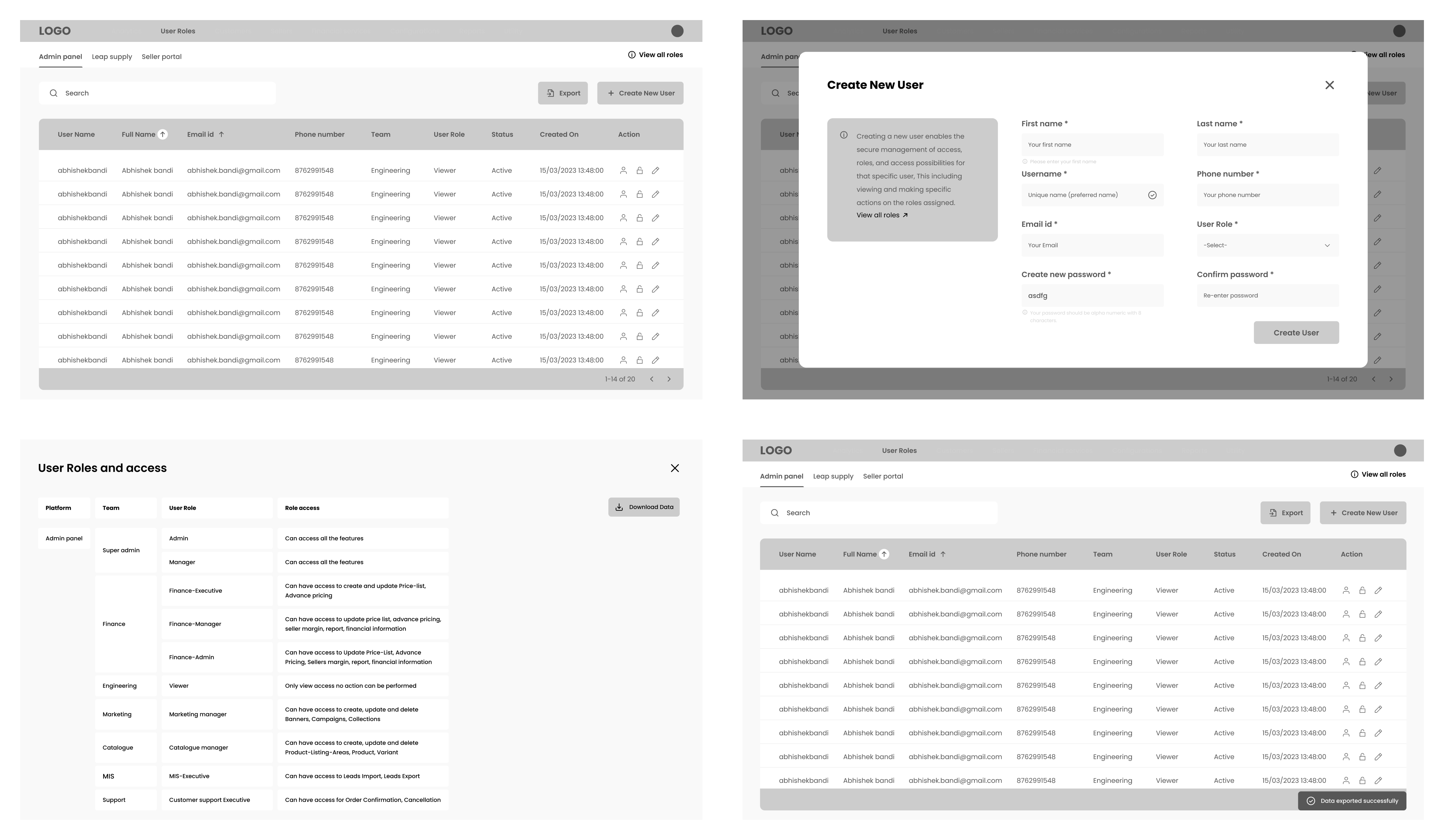 User Management Wireframes